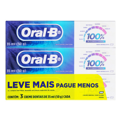 Encontraproduto.com.br - Kit Creme Dental Oral-B 100% Menta Refrescante 50g - 3 Unidades