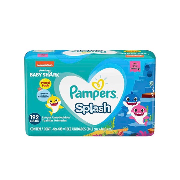 Encontraproduto.com.br - Kit Lenço Umedecido Pampers Splashers Baby Shark 4 Pacotes com 48 Unidades