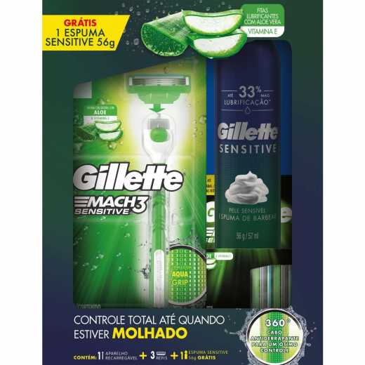 Encontraproduto.com.br - KIT GILLETTE MACH 3 SENTIVIVE 1 AP+3 CARGA GTS ESPUMA