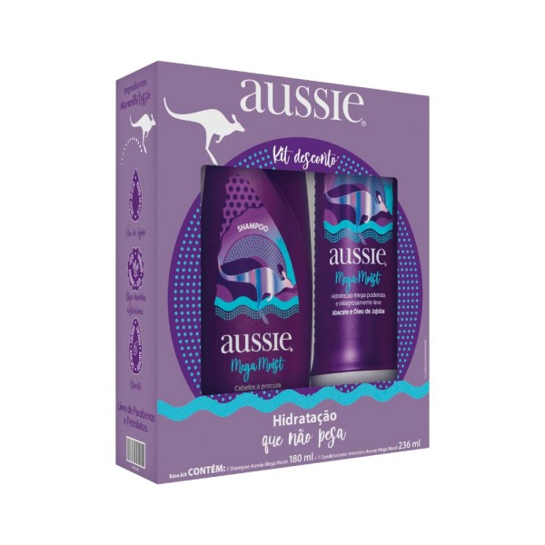 Encontraproduto.com.br - Kit Aussie Mega Moist Shampoo180ml + Creme de Tratamento 3 Minute Miracle 236ml