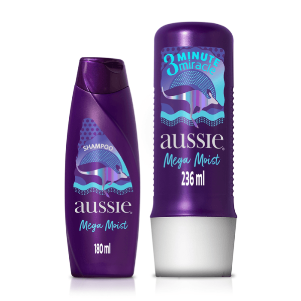 Encontraproduto.com.br - Kit Aussie Mega Moist Shampoo180ml + Creme de Tratamento 3 Minute Miracle 236ml