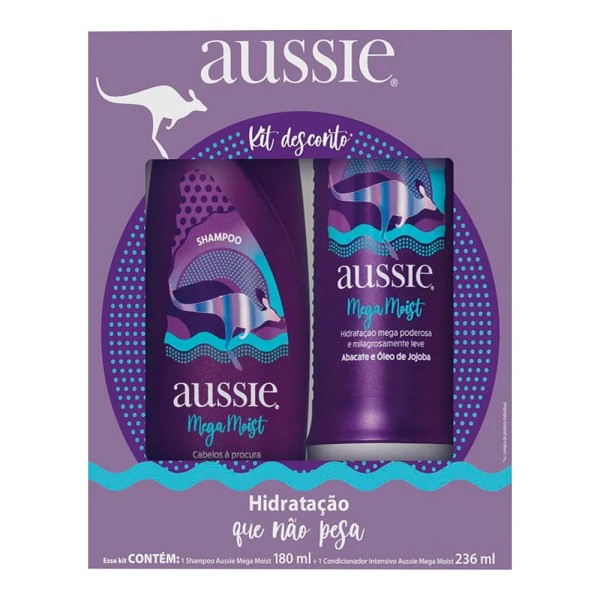 Encontraproduto.com.br - Kit Aussie Mega Moist Shampoo180ml + Creme de Tratamento 3 Minute Miracle 236ml