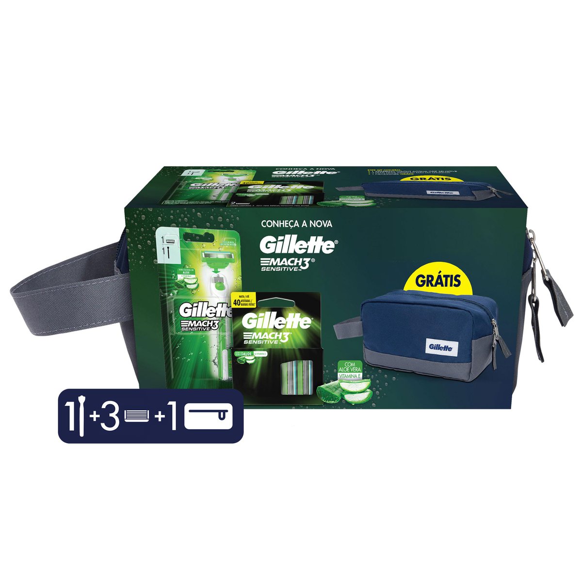 Kit Aparelho De Barbear Gillette Mach3 Sensitive Aquagrip 1 Unidade + Refis Para Barbear Gillette Mach3 Sensitive 3 Unidades + Necessaire 1 Unidade