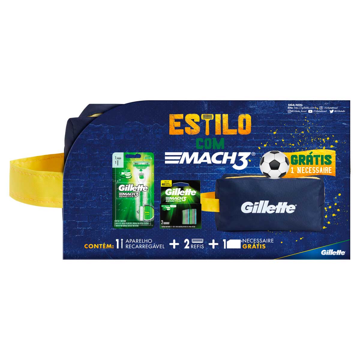 Encontraproduto.com.br - Kit Aparelho de Barbear Gillette Mach3 Recarregável + 2 Cargas para Barbear Sensitive + 1 Necessaire