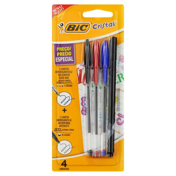 Kit Bic 3 Canetas Esferográficas Média Dura+ Cristal + 1 Caneta Hidrográfica Extrafina Intensity