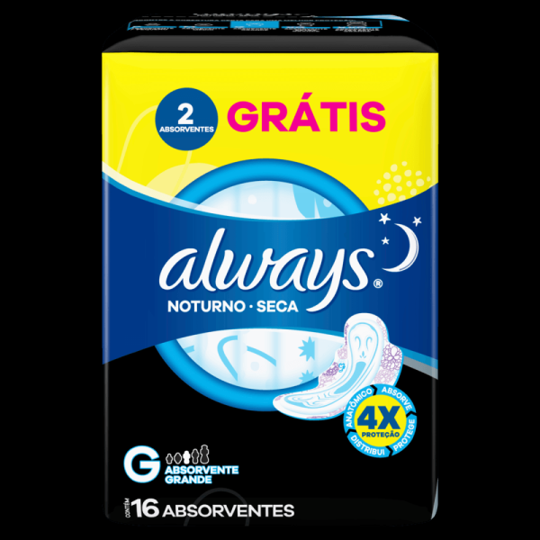 Encontraproduto.com.br - Absorvente com Abas Seca Always Noturno G Pacote 16 Unidades Grátis 2 Absorventes