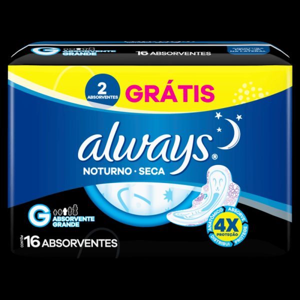 Encontraproduto.com.br - Absorvente com Abas Seca Always Noturno G Pacote 16 Unidades Grátis 2 Absorventes