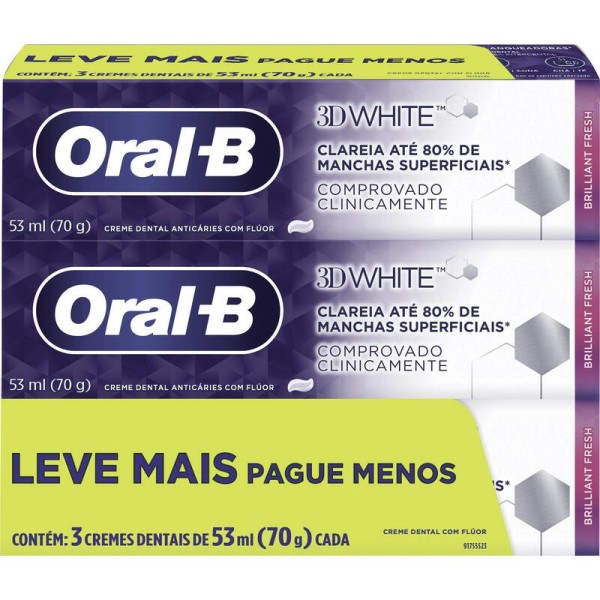 Encontraproduto.com.br - Kit Creme Dental Clareador Oral-B 3D White Brilliant Fresh 70g 3 Unidades