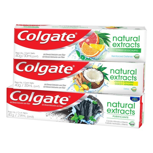 Encontraproduto.com.br - Creme Dental Colgate Natural Extracts Citrus e Eucalipto, Coco e Gengibre e Carvão Ativado e Menta 40g 3 Unidades