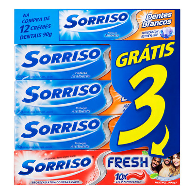 Encontraproduto.com.br - Kit 12 Cremes Dentais com Flúor e Cálcio Sorriso Dentes Brancos 90g Cada Grátis 3 Sorriso Carvão Ativado 60g Cada Leve 15 Pague 12 Unidades