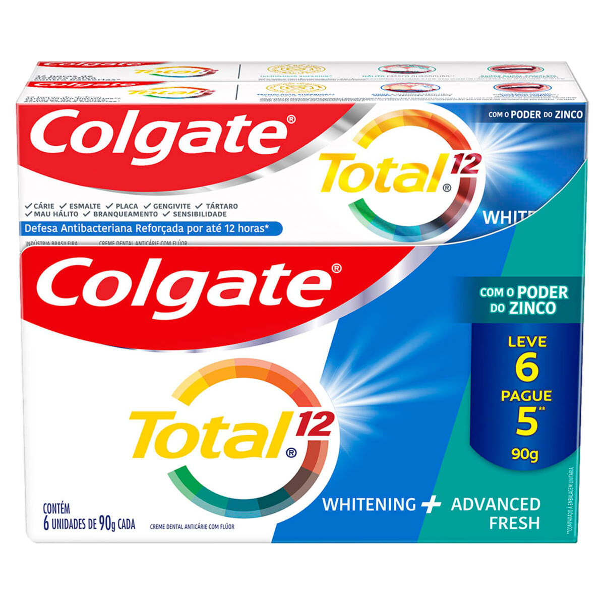 Kit Creme Dental Anticárie com Flúor Colgate Total 12 Whitening + Advanced Fresh 90g Cada Leve 6 Pague 5 Unidades