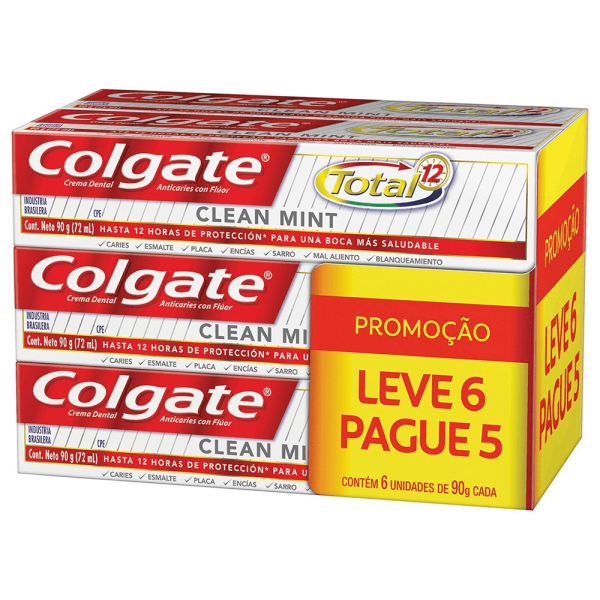 Encontraproduto.com.br - creme dental anticárie com flúor clean mint colgate total 12 caixa 90g cada leve 6 pague 5 unidades