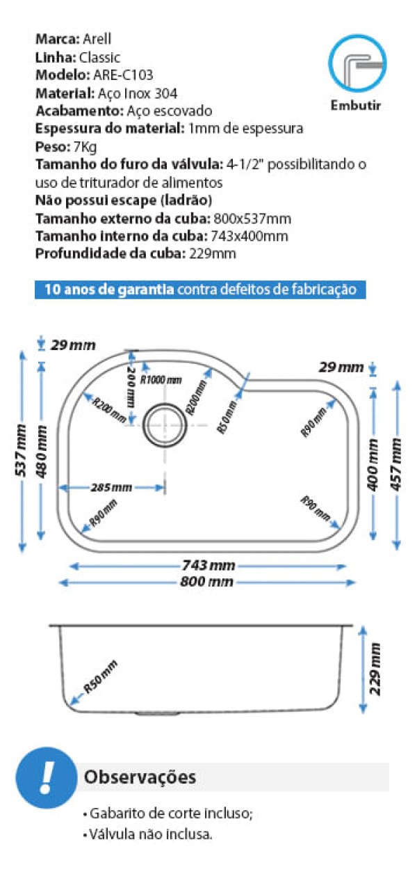 Encontraproduto.com.br - Cuba Pia Cozinha Gourmet Arell Aço Inox 1mm Escovado C103