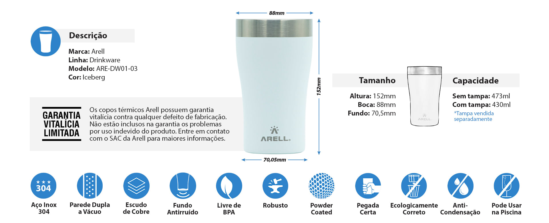 Encontraproduto.com.br - Copo Térmico Arell Tulip 500ml com Fundo Antirruído e Escudo de Cobre - Branco