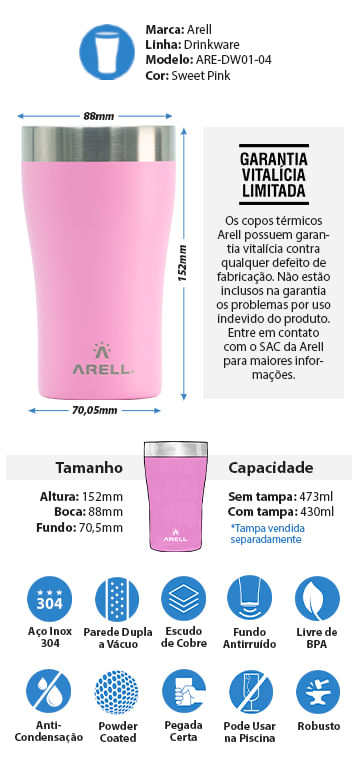 Encontraproduto.com.br - Copo Térmico Arell Tulip 500ml com Fundo Antirruído e Escudo de Cobre - Rosa
