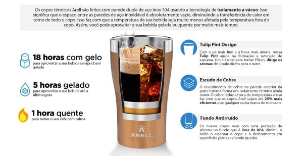 Encontraproduto.com.br - Copo Térmico Arell Tulip 500ml com Fundo Antirruído e Escudo de Cobre - Dourado
