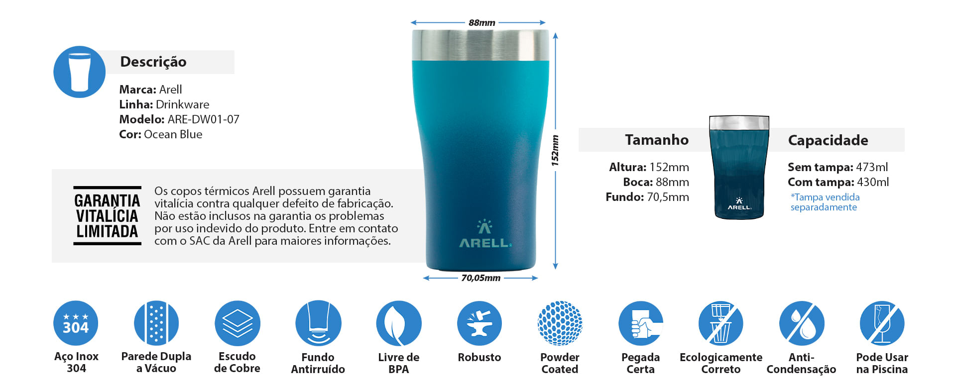 Encontraproduto.com.br - Copo Térmico Arell Tulip 500ml com Fundo Antirruído e Escudo de Cobre - Azul Degrade