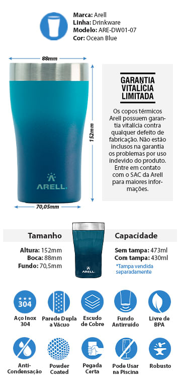 Encontraproduto.com.br - Copo Térmico Arell Tulip 500ml com Fundo Antirruído e Escudo de Cobre - Azul Degrade
