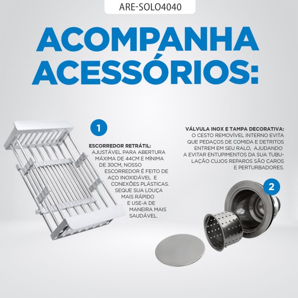 Encontraproduto.com.br - Cuba Cozinha Gourmet Arell Inox Escovado 40x40 e Acessórios