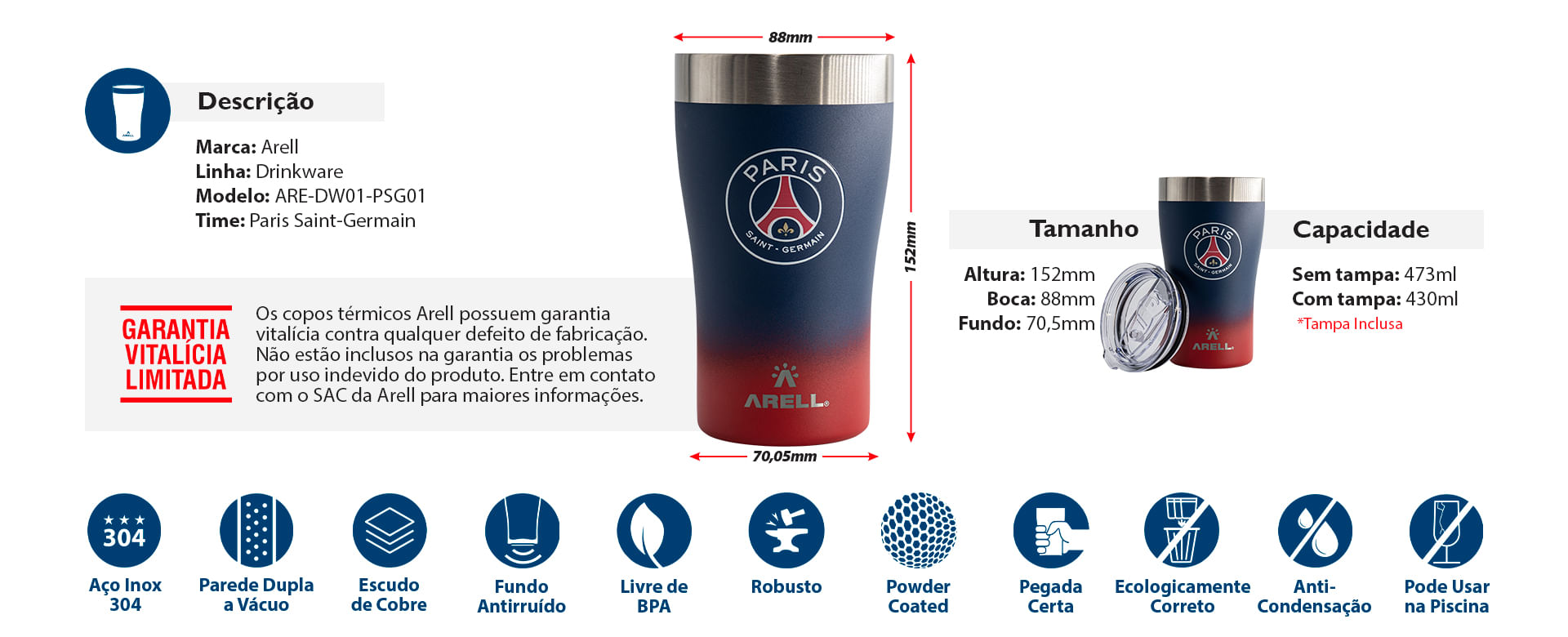 Encontraproduto.com.br - Copo Térmico Arell Inox a Vácuo 500ml  Oficial  PSG 01