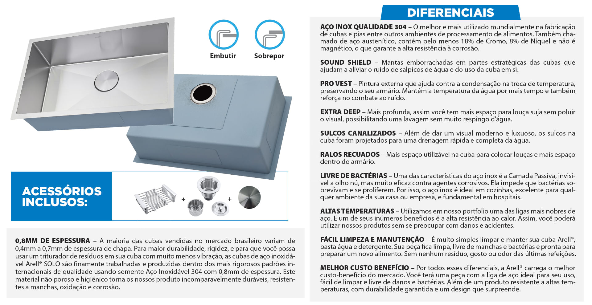Cuba Pia Cozinha Gourmet Arell Aço Inox 65x40 e Acessórios