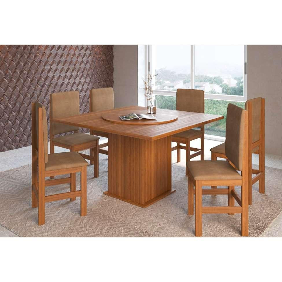 Conjunto de Mesa com 6 Cadeiras Benjamin Suede Canela