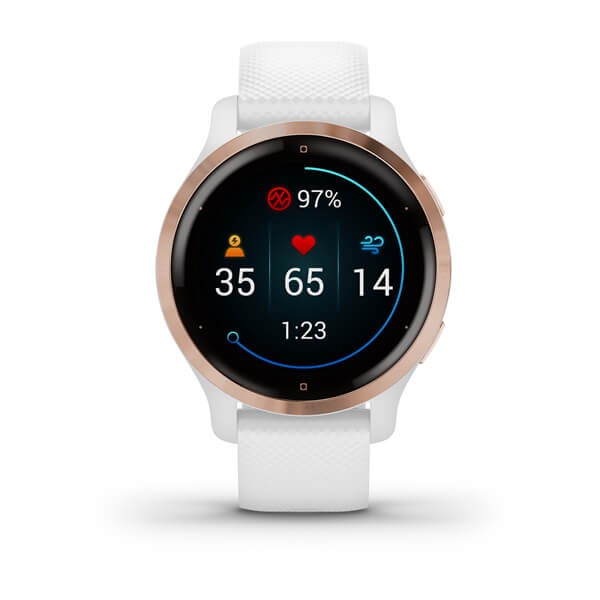 Encontraproduto.com.br - Relógio Garmin Venu 2S Dourado Rose pulseira branca WW Monitor Cardíaco de Pulso com GPS