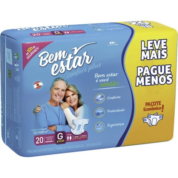 Encontraproduto.com.br - Fralda Geriátrica Bem Estar Comfort G Pacote com 20 unidades