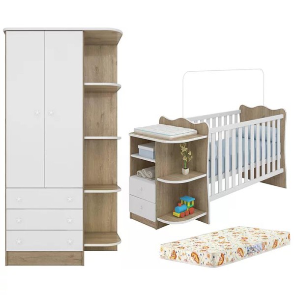 Encontraproduto.com.br - Berço 02 Gavetas 758 E Guarda Roupa 825 Doce Sonho Carvalho Rustico Branco Com Colchao Qmovi