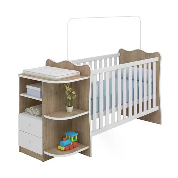Encontraproduto.com.br - Berço 02 Gavetas 758 E Guarda Roupa 825 Doce Sonho Carvalho Rustico Branco Com Colchao Qmovi