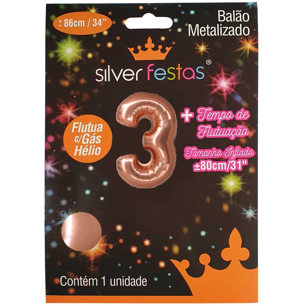 Encontraproduto.com.br - Balão Metalizado Rosê Gold 80cm Número 3 - Silver Festas