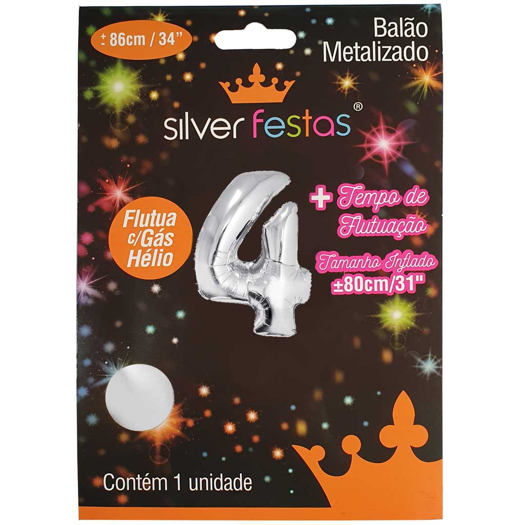 Encontraproduto.com.br - Balão Metalizado Prata 80cm Número 4 - Silver Festas