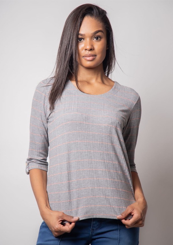 Encontraproduto.com.br - Blusa 3/4 Listrada Chumbo | Pau a Pique
