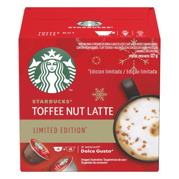 Encontraproduto.com.br - Prove a Mistura para o Preparo de Bebida Ã  Base de Café com Leite em Cápsula Toffee Nut Latte Noz Caramelizadas Starbucks Caixa 127g 12 Unidades Edição Limitada