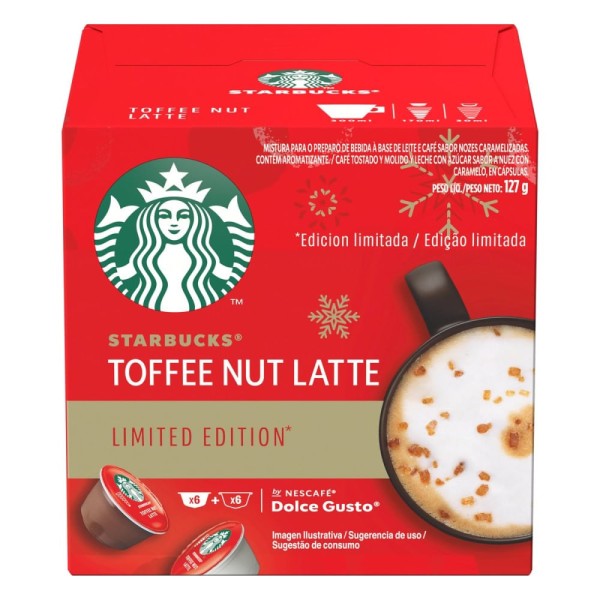 Encontraproduto.com.br - Prove a Mistura para o Preparo de Bebida Ã  Base de Café com Leite em Cápsula Toffee Nut Latte Noz Caramelizadas Starbucks Caixa 127g 12 Unidades Edição Limitada