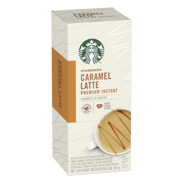 Encontraproduto.com.br - Mistura para Bebida com Café em Sachê Caramel Latte Starbucks Premium Instant Caixa 86g 4 Unidades