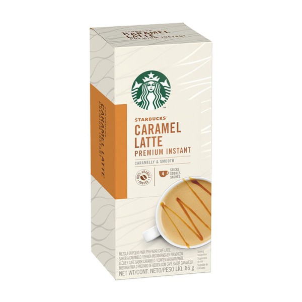 Encontraproduto.com.br - Mistura para Bebida com Café em Sachê Caramel Latte Starbucks Premium Instant Caixa 86g 4 Unidades