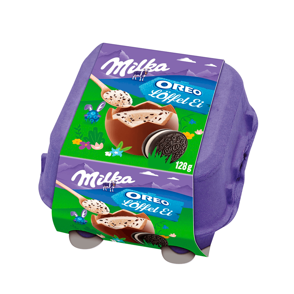 Encontraproduto.com.br - Mini Ovo de Pascoa Milka Spoonable Creme e Oreo 128g com 20 unidade