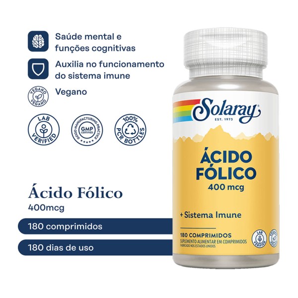 Encontraproduto.com.br - Suplemento Alimentar Ácido Fólico 400mcg Solaray 180 Comprimidos