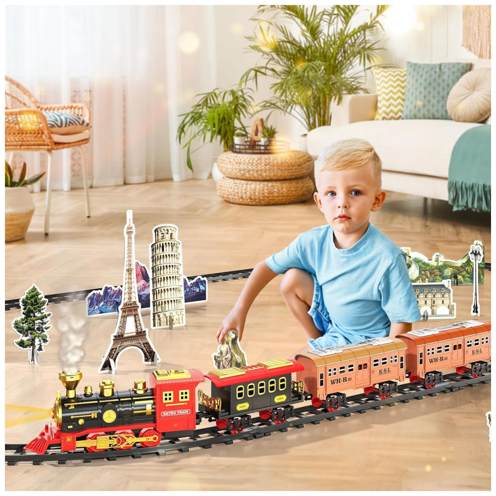 Encontraproduto.com.br - Conjunto de Trenzinho de Brinquedo com Vapor, Luz e Sons para Crianças de 3 a 12 anos, SNAEN, Preto e Vermelho