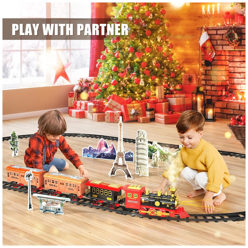 Encontraproduto.com.br - Conjunto de Trenzinho de Brinquedo com Vapor, Luz e Sons para Crianças de 3 a 12 anos, SNAEN, Preto e Vermelho