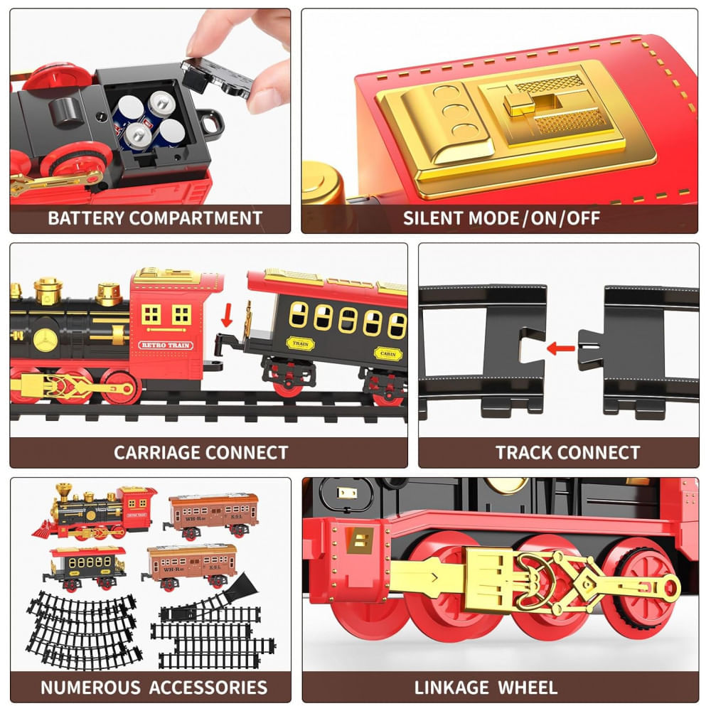 Encontraproduto.com.br - Conjunto de Trenzinho de Brinquedo com Vapor, Luz e Sons para Crianças de 3 a 12 anos, SNAEN, Preto e Vermelho