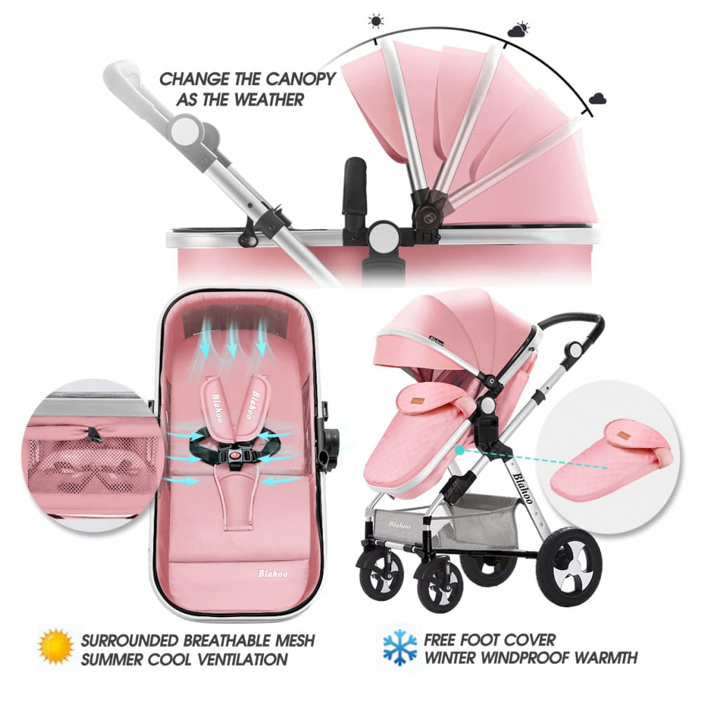Encontraproduto.com.br - Carrinho de Bebê 2 em 1 para Recém Nascido com Encosto Ajustável, Blahoo, Rosa