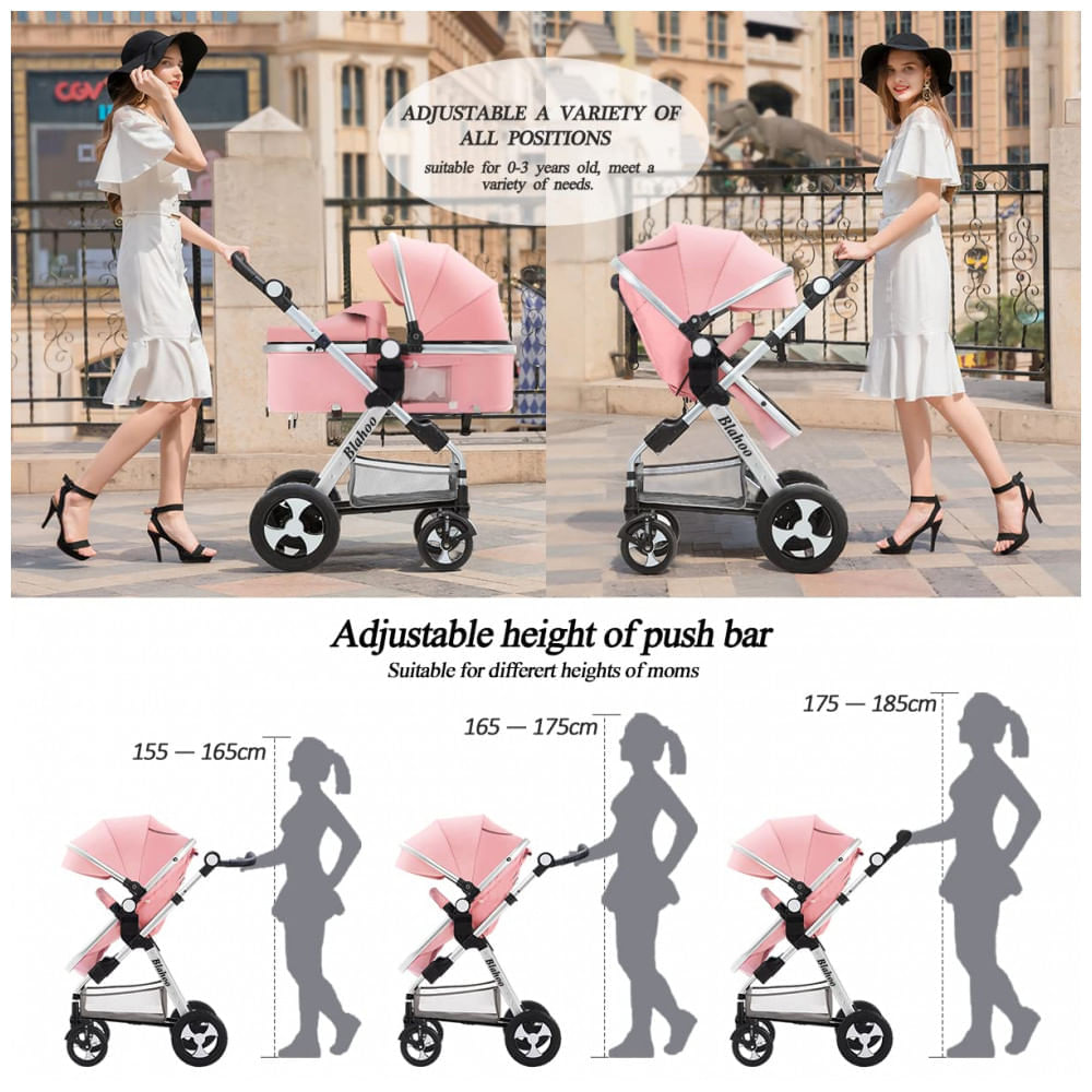 Encontraproduto.com.br - Carrinho de Bebê 2 em 1 para Recém Nascido com Encosto Ajustável, Blahoo, Rosa