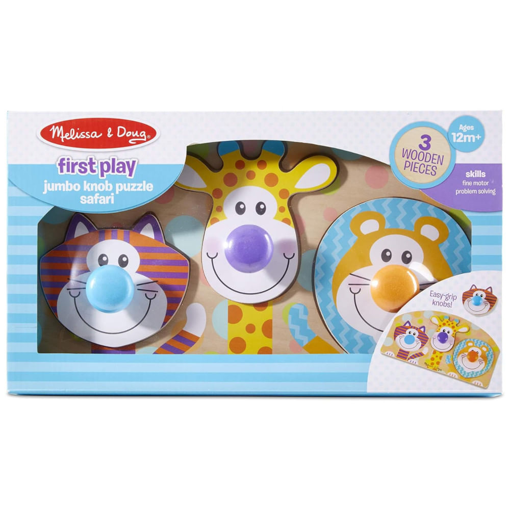 Encontraproduto.com.br - Quebra Cabeça de Madeira para Bebês, Tema Animais da Selva com 3 Peças e Grandes Botões, Melissa & Doug