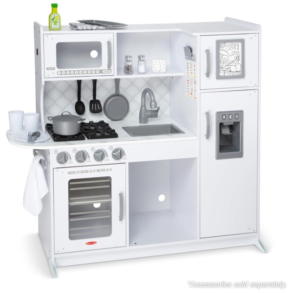 Encontraproduto.com.br - Cozinha Infantil em Madeira com Forno, Fogão, Micro-Ondas, Pia e Geladeira com Dispensador de Gelo, Melissa Doug, Branca