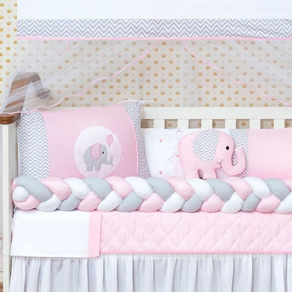 Encontraproduto.com.br - Kit De Berço Bebê Menina Elefante Rosa 13 Peças Com Saia