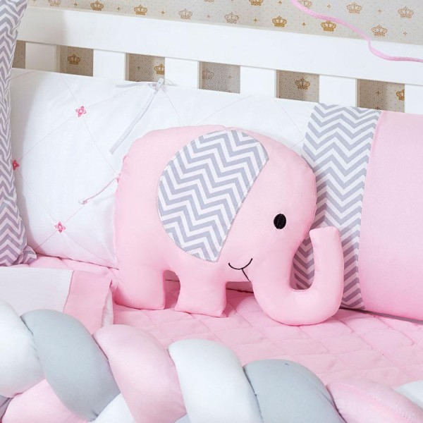 Encontraproduto.com.br - Kit De Berço Bebê Menina Elefante Rosa 13 Peças Com Saia