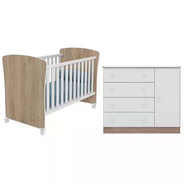 Encontraproduto.com.br - Berço Mini Cama 2484 E Comoda 2561 Doce Sonho Carvalho Rustico Branco Com Rodizios Qmovi