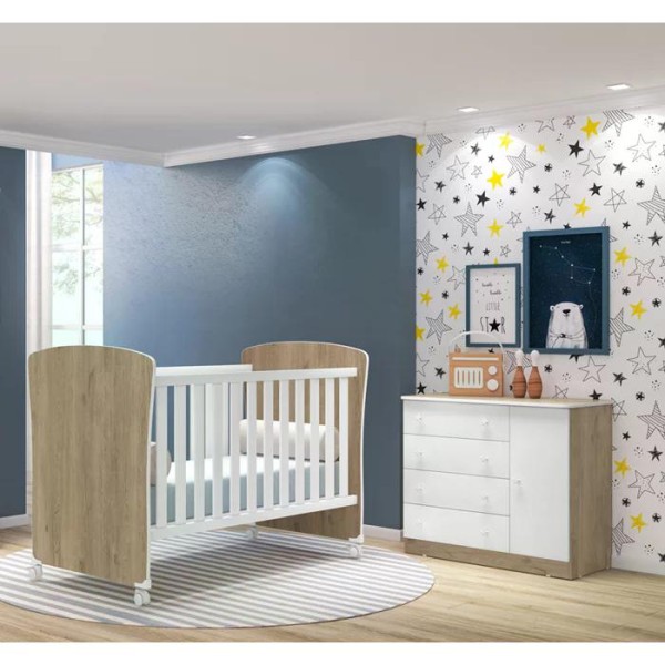 Encontraproduto.com.br - Berço Mini Cama 2484 E Comoda 2561 Doce Sonho Carvalho Rustico Branco Com Rodizios Qmovi